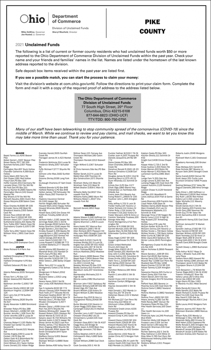 Unclaimed funds ohio department of commerce