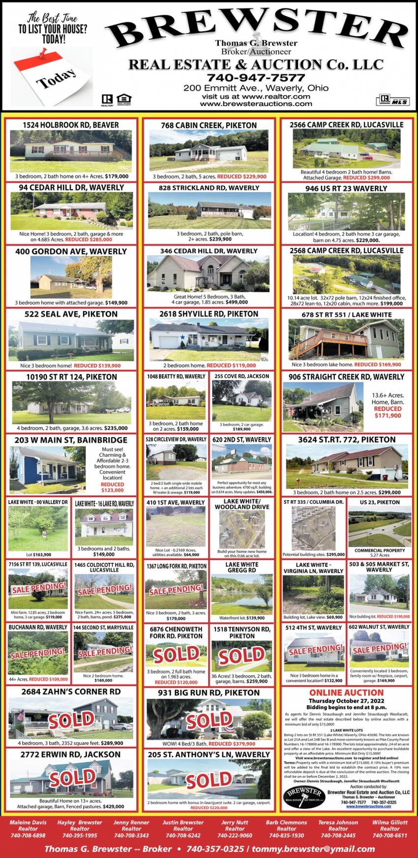 Online Auction, Brewster Real Estate & Auction Co. LLC, Waverly, OH