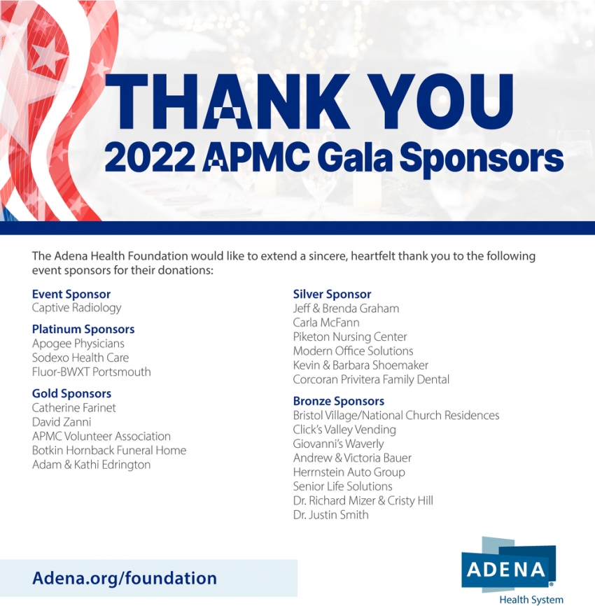 Thank You 2022 APMC Gala Sponsors, Adena Health System, Chillicothe, OH